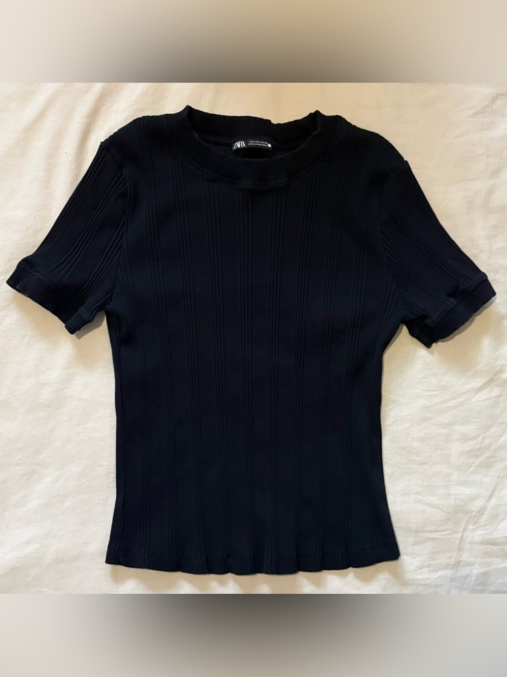 Zara Black Ribbed Short Sleeve Crew Tee